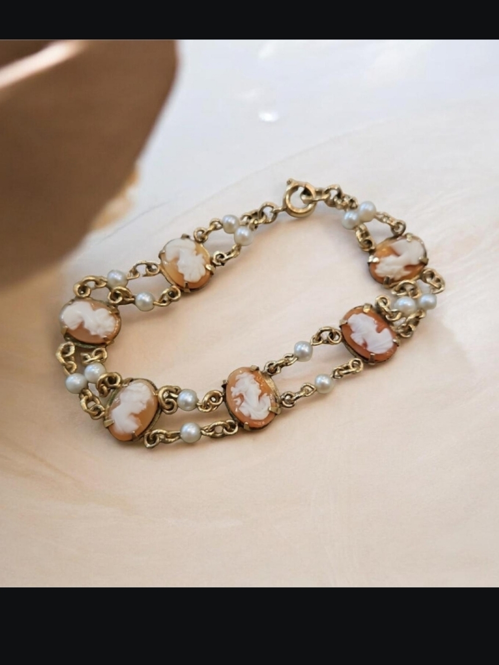 Classic Cameo and Pearl Bracelet - Gold Tone, Cream Cameos  Double Row Pattern
